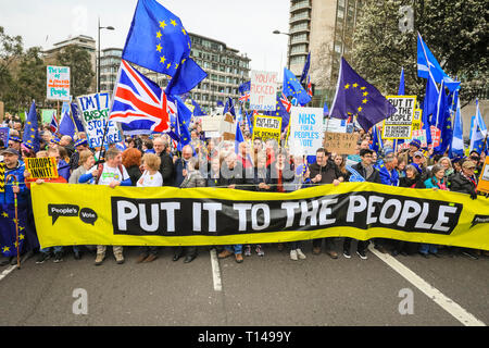 London, UK, 23. März 2019. Demonstranten in farbenfrohe Outfits mit Plakaten und Bannern. Die Demonstranten aus ganz Großbritannien und viele britische Ex-Pats aus dem Ausland, haben reiste in die 'Abstimmung März", auch "unter die Leute" März gelegt. Der März, durch Hunderte von Tausenden besucht, macht seinen Weg von Park Lane, Piccadilly, Trafalgar Square und Whitehall mit Reden von Aktivisten und Politiker im Parlament Square, Westminster zu beenden. Stockfoto