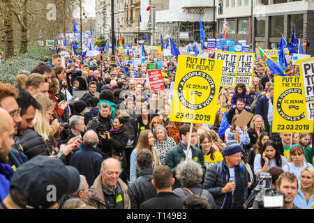 London, UK, 23. März 2019. Demonstranten in farbenfrohe Outfits mit Plakaten und Bannern. Die Demonstranten aus ganz Großbritannien und viele britische Ex-Pats aus dem Ausland, haben reiste in die 'Abstimmung März", auch "unter die Leute" März gelegt. Der März, durch Hunderte von Tausenden besucht, macht seinen Weg von Park Lane, Piccadilly, Trafalgar Square und Whitehall mit Reden von Aktivisten und Politiker im Parlament Square, Westminster zu beenden. Stockfoto