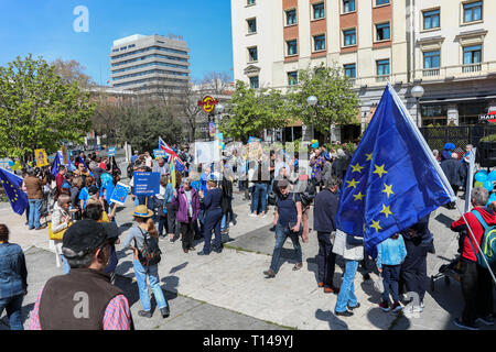 Madrid, Spanien. 23 Mär, 2019. Die britische Gemeinschaft in Spanien konzentriert sich zugunsten eines anderen Referendum über Brexit in der Plaza de Colón" in Verteidigung der Rechte der fünf Millionen Europäer im Vereinigten Königreich und Briten in der Europäischen Union und zu einem zweiten Referendum über den Austritt Großbritanniens aus der EU verlangen. Credit: Jesús Hellin/Alamy leben Nachrichten Stockfoto