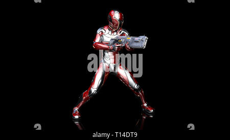 Futuristische android Soldat in bulletproof Rüstung, Militär Cyborg bewaffnet mit sci-fi Gewehr Pistole schiessen auf schwarzen Hintergrund, 3D-Rendering Stockfoto