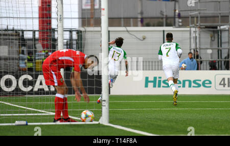 Republik Irland Jeff Hendrick (Mitte) feiert zählenden erste Ziel seiner Seite des Spiels mit Teamkollegen während der UEFA EURO 2020 Qualifikation, Gruppe D Match im Victoria Stadion, Gibraltar. Stockfoto