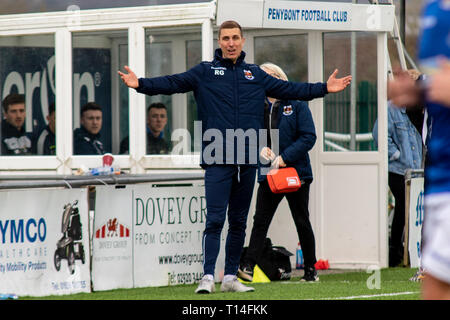 Rhys Griffiths von penybont auf dem touchline. Penybont beat Briton Ferry & Llansawel 2-0 in der Welsh Football League Division One bei bryntirion Park. Stockfoto