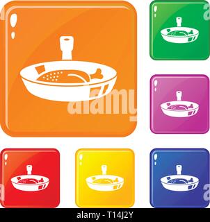 Fleisch in der bratpfanne Icons Set Vector Farbe Stock Vektor