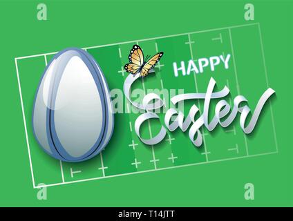 Frohe Ostern. Easter Egg in Form einer Rugby Ball auf einem Rugby Feld Hintergrund. Vector Illustration. Stock Vektor