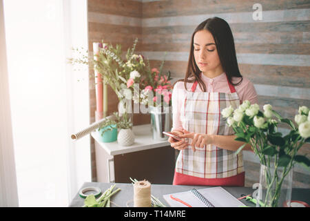 Weibliche Florist bei der Arbeit: hübsche junge dunkelhaarige Frau, die Mode moderne Blumenstrauß aus verschiedenen Blumen. Frauen arbeiten mit Blumen in der Werkstatt Stockfoto