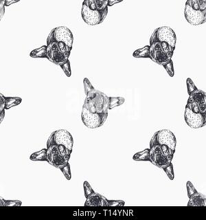 Nahtlose Muster von Hand gezeichnete Skizze stil Bulldoggen. Vector Illustration auf weißem Hintergrund. Stock Vektor