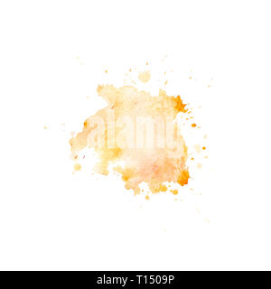 Aquarell orange spot mit Spritzer und Flecken. Isolierte orange Fleck auf einem weißen Hintergrund. Helle Fleck von Hand gezeichnet. Stockfoto