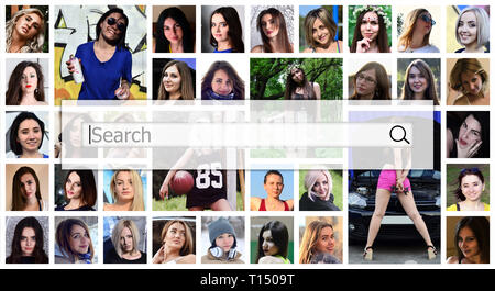 Suchen. Der Text wird in das Feld "Suchen" auf dem Hintergrund einer Collage aus vielen quadratischen weiblichen Porträts angezeigt. Der Begriff der Dienstleistung für dating Stockfoto