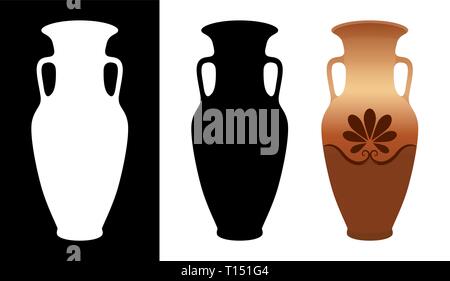 Vektor griechischen Amphora Bild und Silhouetten in weißen und schwarzen Hintergrund. Abbildung der antiken griechischen Lehm-urnen. Stock Vektor