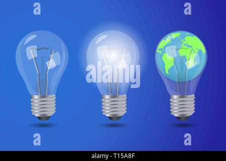 Realistische helle Lampe, Lampe und Glühbirne mit dem Planeten Erde mit Earth Hour auf einem blauen Hintergrund. Vector Illustration. Stock Vektor