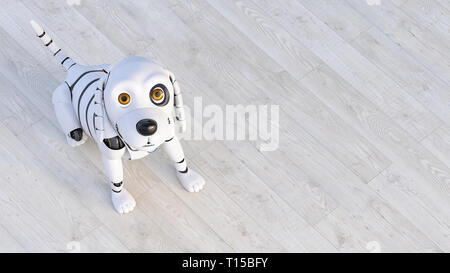 Portrait von Roboter Hund sitzen auf Holzboden, 3D-Rendering Stockfoto