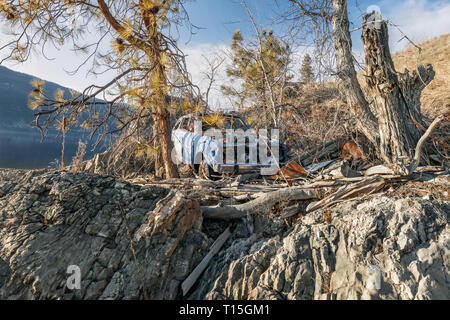 Die gedumpten Auto in der Mitte der Bäume - verlassenes Auto in der Mitte der Bäume - Kelowna, Okanagan Lake, Kanada - Bild Stockfoto