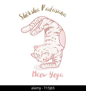 Cute cartoon Cat in der yoga meditation Pose, sirsa Padasana Kopf bis Fuß darstellen, auf weißem Hintergrund, es als Poster, Postkarte, kostenlose yo verwendet werden kann. Stock Vektor