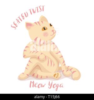 Cartoon cat im Yoga Cute darstellen, Meditation, ein Twisted auf weißem Hintergrund darstellen, kann es als Poster, Postkarte, kostenlos Yoga verwendet werden, Sport Center Stock Vektor