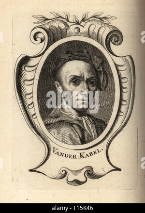 Portrait von Adriaen van der Kabel, Niederländisch Golden Age Landschaftsmaler 1631-1705. Vander Kabel. Kupferstich nach einer self portrait von Adriaen van der Kabel von Antoine-Joseph Dezallier d'Argenville des Abrege de la vie des plus fameux Peintres, Leben der berühmtesten Künstler, de Bure l'aine, Paris, 1762. Stockfoto