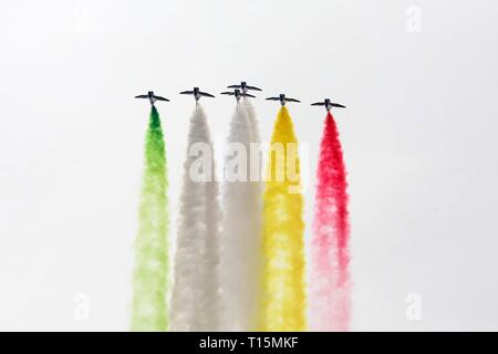 Islamabad, Pakistan. 23 Mär, 2019. J-10 Kampfjets der 1. August die chinesische Volksbefreiungsarmee (PLA) Luftwaffe Kunstflug Team führen Sie während einer Flugschau zu markieren, um den pakistanischen Nationalfeiertag in Islamabad, der Hauptstadt von Pakistan, am 23. März 2019. Pakistan National Day, auch bekannt als Pakistan Auflösung Tag oder Tag der Republik, wird jährlich am 23. März gefeiert. Credit: Ahmad Kamal/Xinhua/Alamy leben Nachrichten Stockfoto