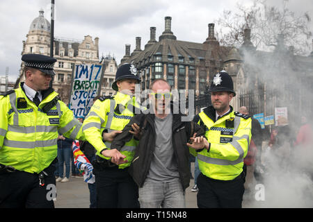 London, Großbritannien. 23. März, 2019. Eine Demonstrantin, außerhalb des Hauses, Westminster, zündet ein Feuerwerk, und er ist von der Polizei abgeführt. Credit: Santo Basone/Alamy leben Nachrichten Stockfoto