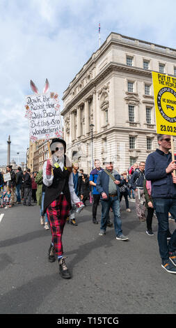 London, Großbritannien. 23. Mär 2019. Eine Frau Demonstrant hält die Fahne 'Down der Rabbit Hole mit Brexit... Dies ist aber kein Wunderland" während der Abstimmung März in London. Credit: AndKa/Alamy leben Nachrichten Stockfoto