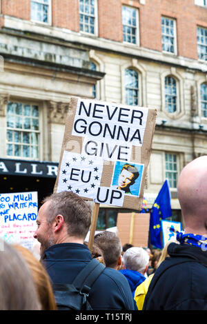 London, Großbritannien. 23. Mär 2019. Über eine Million Menschen März zur Volksabstimmung, für ein zweites Referendum auf Brexit, Person in der Masse, die eine 'Never Gonna EU Aufgeben' Zeichen Credit: Nathaniel Noir/Alamy leben Nachrichten Stockfoto