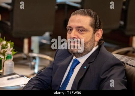 Libanesischen Ministerpräsidenten Saad Hariri bei einem bilateralen Treffen mit US-Staatssekretär Mike Pompeo März 22, 2019 in Beirut, Libanon. Stockfoto