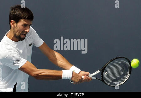 Miami, USA. 21 Mär, 2019. Novak Djokovic aus Serbien spielt auf einer Praxis Gericht im Hard Rock Stadion an der Miami Öffnen am 21. März 2019 in Miami, Florida. (Paul Hennessy/Alamy) Credit: Paul Hennessy/Alamy leben Nachrichten Stockfoto