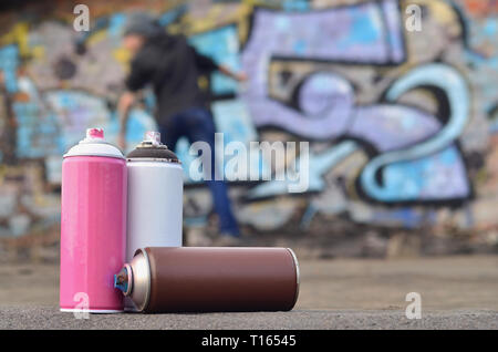 Eine Fotografie aus einer bestimmten Anzahl von sprühdosen vor dem Hintergrund der Raum mit der Wand, an der sich der junge Mann zieht eine große Graffiti drawin Stockfoto