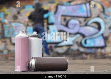 Eine Fotografie aus einer bestimmten Anzahl von sprühdosen vor dem Hintergrund der Raum mit der Wand, an der sich der junge Mann zieht eine große Graffiti drawin Stockfoto