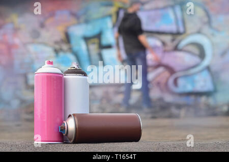 Eine Fotografie aus einer bestimmten Anzahl von sprühdosen vor dem Hintergrund der Raum mit der Wand, an der sich der junge Mann zieht eine große Graffiti drawin Stockfoto