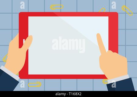 Geschäftsmann Hand, Berühren und bunten Tablet Blank Screen Design Business Konzept leere Raum modernen abstrakten Hintergrund Stock Vektor