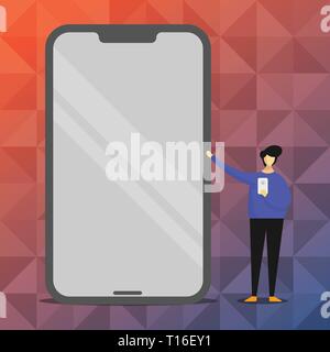 Mann präsentiert riesigen leeren Bildschirm, während Sie ein anderes Smartphone Mobile Business Konzept leere Vorlage kopieren Raum isoliert Poster Gutscheine Förderung Stock Vektor