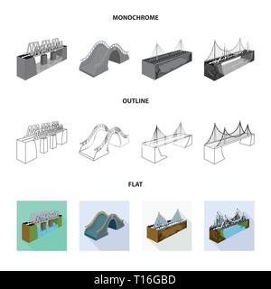 Brücke, modern, Fußgängerzone, montiert, Rock, Eisenbahn, Beton, Eisenbahn, lange, Ziegel, Fluss, Handläufe, montiert, Autobahn, Metall, Alte, Ufer, Spalte, Straße, Bau, Prop, Arch, Bahn, Bau, Bahn, Strom, Anschluss, entwerfen, konstruieren, side, Brückenbau, Architektur, Sehenswürdigkeiten, Struktur, Kreuzung, Sicht, Set, Vector, Icon, Illustration, isoliert, Sammlung, Element, Grafik, Vektor, Vektoren, Stock Vektor