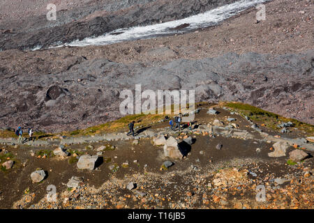 WA 16003-00 ... WASHINGTON - Wanderer auf dem Skyline Trail über der stark Schmutz bedeckt Nisqually Gletscher; Paradies der Mount Rainier National Park Stockfoto