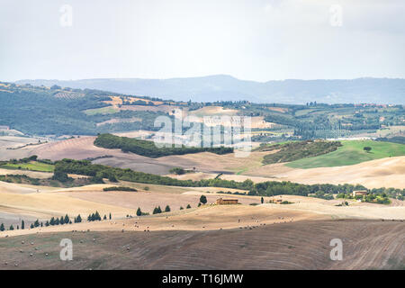 Landschaft im Val D'Orcia Toskana, Italien mit Ballen rolling gepflügt braune Hügel und Villen mit Bauernhof Landschaft, idyllische Wiese Felder hohen Winkel Stockfoto