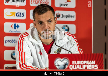 Brüssel, Belgien - 20. März 2019. Russland Fußball-Nationalmannschaft Stürmer Artem Dzyuba auf einer Pressekonferenz im Vorfeld der UEFA Euro 2020 Qualifikation mat Stockfoto