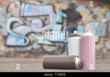 Eine Fotografie aus einer bestimmten Anzahl von sprühdosen vor dem Hintergrund der Raum mit der Wand, an der sich der junge Mann zieht eine große Graffiti drawin Stockfoto