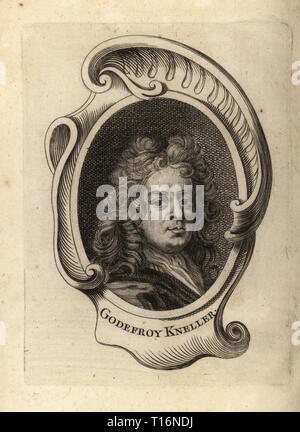 Portrait von Sir Godfrey Kneller, Niederländisch Portrait Maler zu den englischen Hof 1646-1723. Godefroy Kneller. Kupferstich nach einer self portrait von Godfrey Kneller von Antoine-Joseph Dezallier d'€™ Argenvilleâ € ™ s Abrege de la vie des plus fameux Peintres, Leben der berühmtesten Künstler, de Bure l €™ Aine, Paris, 1762. Stockfoto