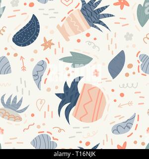Cute nahtlose Muster mit Haus Pflanzen und doodles. Blumen in Töpfe. Hygge home. Vector Hintergrund Design. Stock Vektor