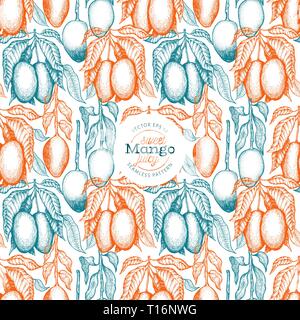 Mango Zweige nahtlose Muster. Hand gezeichnet Vektor tropic Obst Abbildung. Graviert stil Obst Banner. Retro exotische Lebensmittel Hintergrund. Stock Vektor