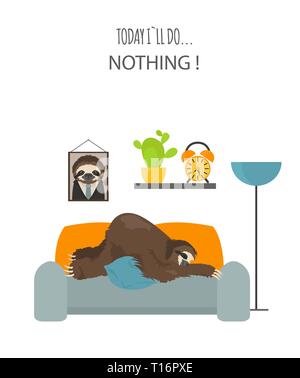 Die Geschichte von einem Faultier. Zu Hause. Lustige cartoon Faultiere in verschiedenen Haltungen. Vector Illustration Stock Vektor
