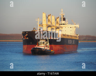 Antwerpen, Belgien - 22 März 2017: Ein Schlepper abschleppen eines Schiffes durch die berendrecht Sperren im Hafen von Antwerpen. Stockfoto