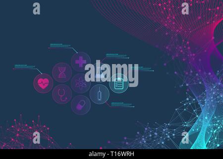 Große genomische Daten Visualisierung. DNA-Helix, DNA-Strang, DNA Test. Molekül oder Atom, Neuronen. Abstrakte Struktur für Wissenschaft oder medizinischen Hintergrund Stock Vektor