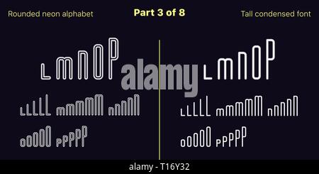Condensed Weiss Neon font, abgerundet. Vektor Schriften in umrissen und gefüllt Stile, Teil 3 von 8. Neon Großbuchstaben mit schmalen Buchstaben, Zahlen Stock Vektor