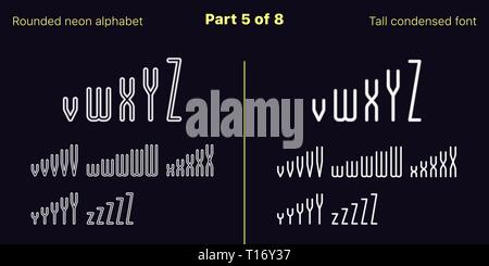 Condensed Weiss Neon font, abgerundet. Vektor Schriften in umrissen und gefüllt Stile, Teil 5 von 8. Neon Großbuchstaben mit schmalen Buchstaben, Zahlen Stock Vektor