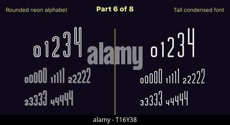 Condensed Weiss Neon font, abgerundet. Vektor Schriften in umrissen und gefüllt Stile, Teil 6 von 8. Neon Großbuchstaben mit schmalen Buchstaben, Zahlen Stock Vektor