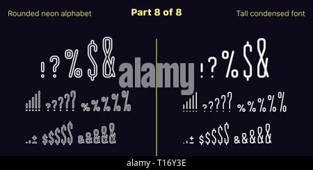 Condensed Weiss Neon font, abgerundet. Vektor Schriften in umrissen und gefüllt Stile, Teil 8 von 8. Neon Großbuchstaben mit schmalen Buchstaben, Zahlen Stock Vektor