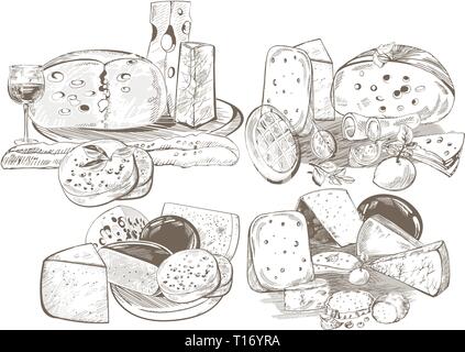 Kreative konzeptionelle Vektor einrichten. Skizze Hand verschiedene Sorten Käse Wein gezeichnet Gewürze Gemüse Illustration, Gravieren, Tinte, Strichzeichnungen, Vektor. Stock Vektor