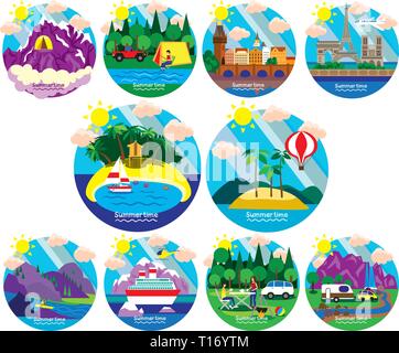 Reisen logo Vektor einrichten. Tourismus, Reise, Sommer Abenteuer und Ferienhäuser Konzept. Stock Vektor