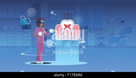 Ärztin Krankenschwester tragen digital Gläser Suche virtual reality Zahn Organ des Menschen Anatomie Healthcare Medical VR-Headset Vision Concept Betrieb Stock Vektor