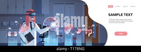 Männliche arabische Arzt tragen digital Gläser berühren virtuelle Realität Gehirn menschliche Organe Infografik Anatomie medizinische VR-Headset vision Konzept Krankenhaus Stock Vektor