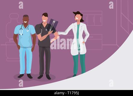 Mix rennen Ärzte Team Prüfung x-ray Krankenhaus Arbeitnehmer, Patienten Radiographie Klinik innere Zeichentrickfiguren in voller Länge Medizin Gesundheitswesen Stock Vektor